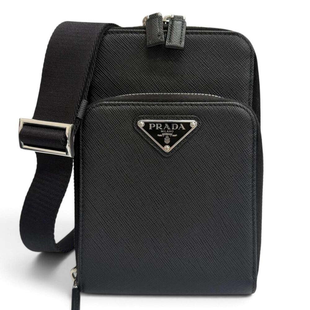 PRADA 2ZH126 Saffiano Leather Triangle Logo Smartphone Case Shoulder Bag Blac...